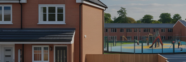 semi detached home with a school in the background